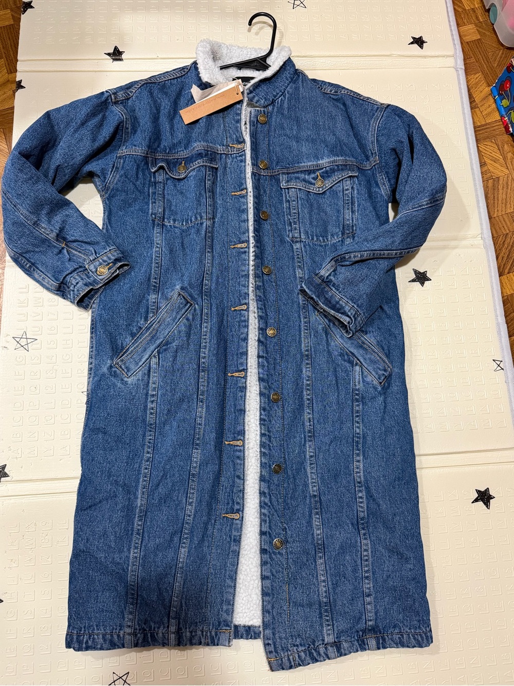 Mustard Seed Long Blue Denim Sherpa-Lined Jacket